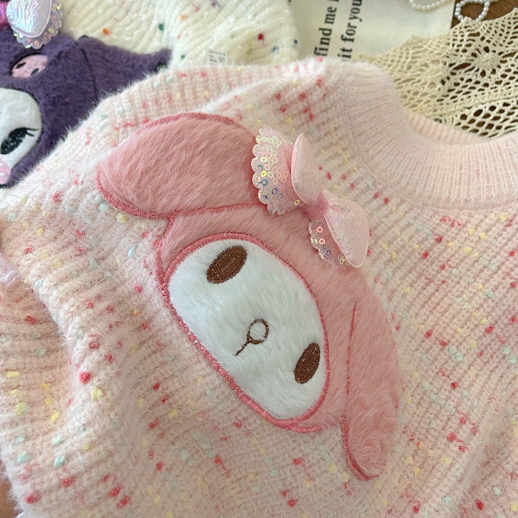 Áo len kiểu bé gái xuất Hàn, Áo len lông thỏ cho bé 4-10 tuổi đáp hình và đính nơ nhiều màu đanh sợi không bai xù