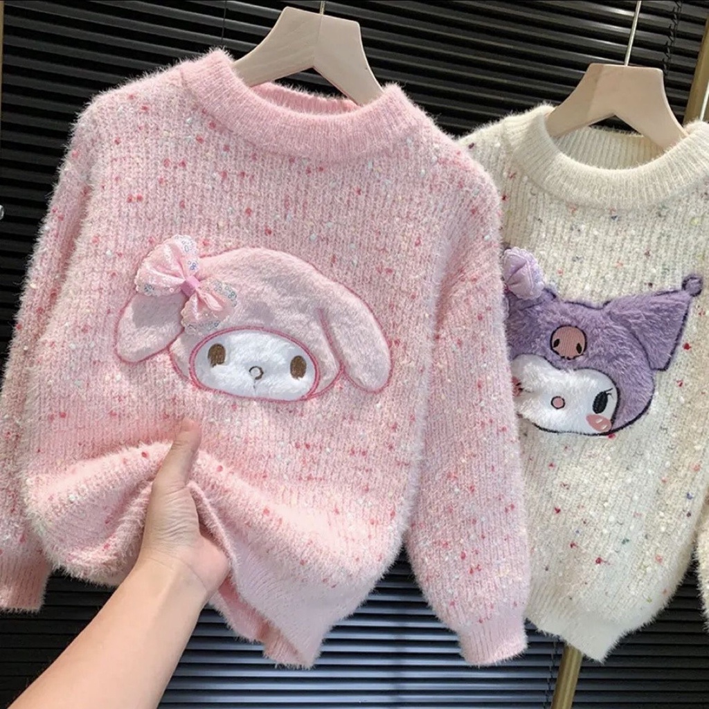 Áo len kiểu bé gái xuất Hàn, Áo len lông thỏ cho bé 4-10 tuổi đáp hình và đính nơ nhiều màu đanh sợi không bai xù