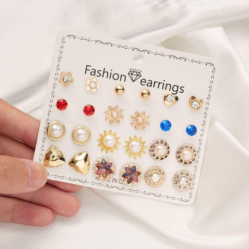 Set 12 Đôi Bông Tai Đính Đá Thời Trang Cho Nữ