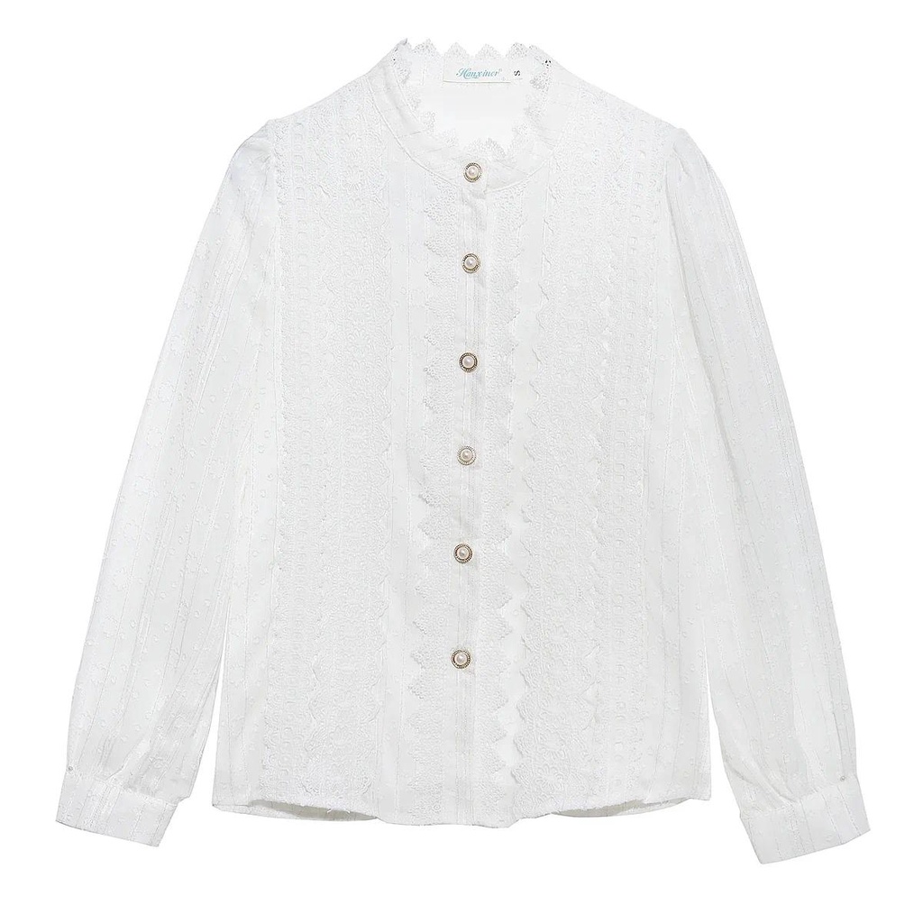 Áo Sơ Mi chiffon Tay Dài Phối Ren Thời Trang Công Sở Cho Nữ