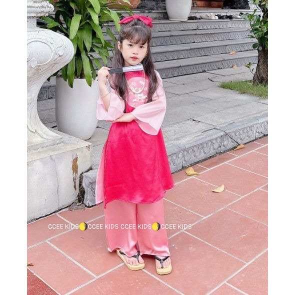 Set áo dài cách tân bé gái đình đám cho gái diệu hình thêu hoa xinh iuu