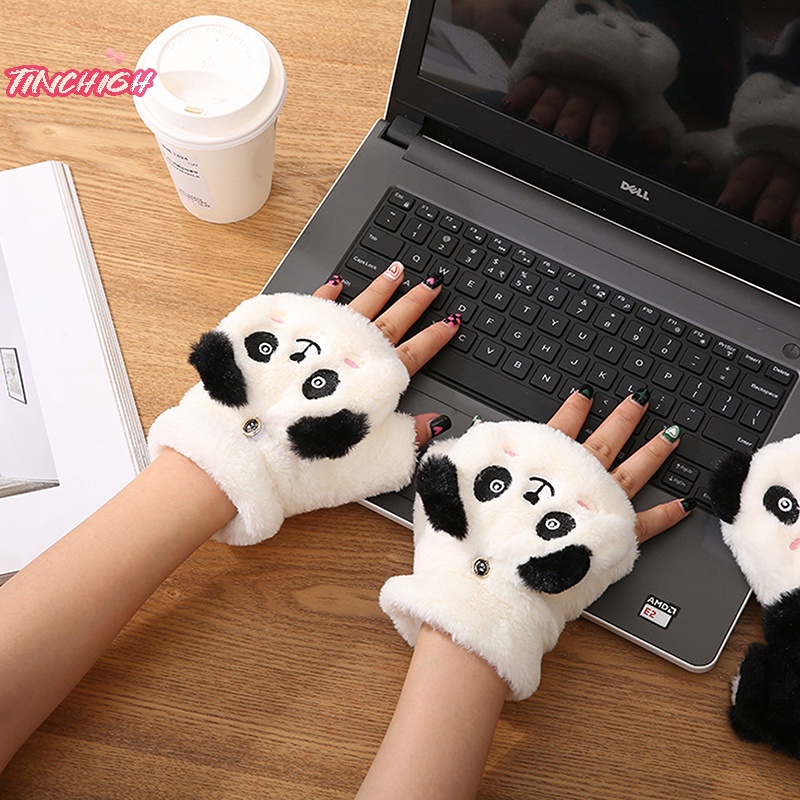 Găng Tay Đi Xe Đạp Hở Ngón Giữ Ấm Mùa Đông Hình Gấu Trúc Hoạt Hình Cho Học Sinh