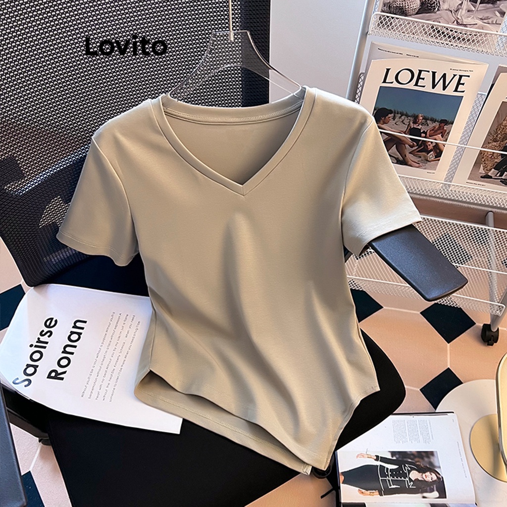 Lovito Áo thun trơn bất đối xứng thường ngày cho nữ LNA27003