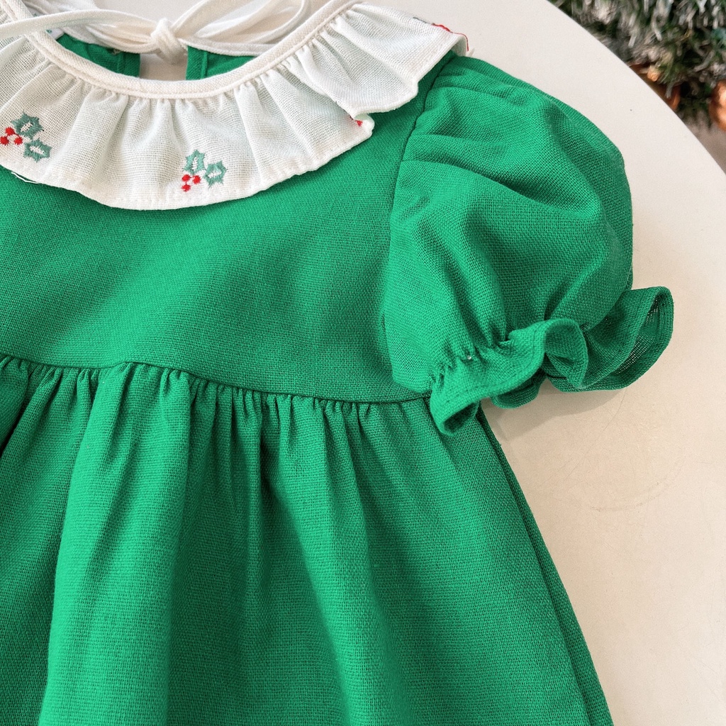 Váy NOEL bé gái  NRA19 babydoll chất linen xanh,đỏ phối thêu cổ Ngò Rí Store