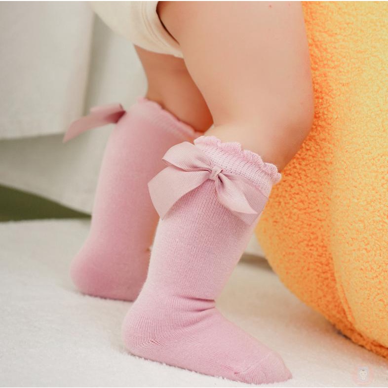 Vớ cotton Cao Đến Đầu Gối Màu Trơn Đính Nơ To Dễ Thương Dành Cho Bé Gái laa6-baby