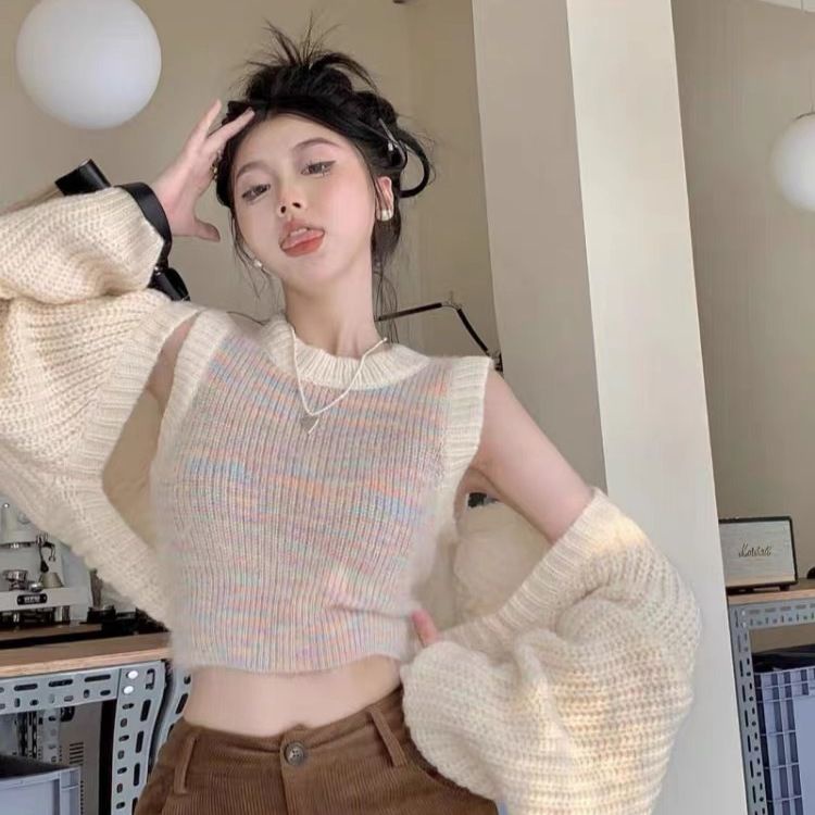 Sét áo len cardigan sắc cầu vồng Phong Cách Hàn Quốc Cho Nữ hàng quảng châu