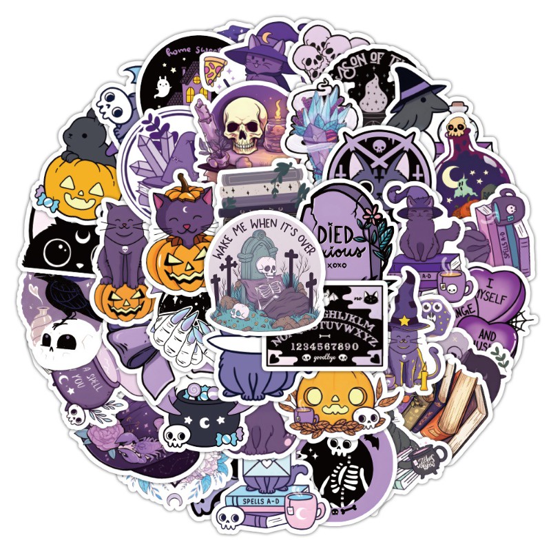 Z & m ❀ Hình Dán Mèo Ma Thuật Màu Tím ❀ Bộ 50 Miếng Dán Chống Thấm Nước Độc Đáo