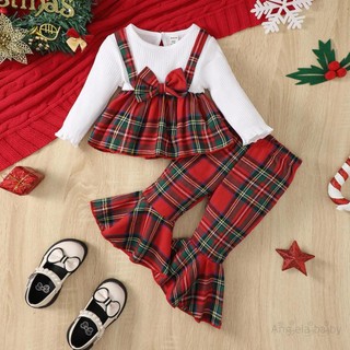 Set đồ 2 món áo thun tay dài đính nơ phối quần dài ống loe sọc ca rô cho bé gái