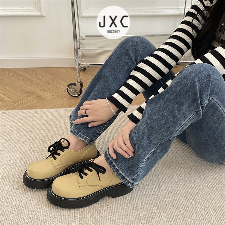 JINxCHOYGiày Da pu Mũi Tròn Đế Dày Buộc Dây Chéo Phong Cách Pháp Cổ Điển Thời Trang Cho Nữ