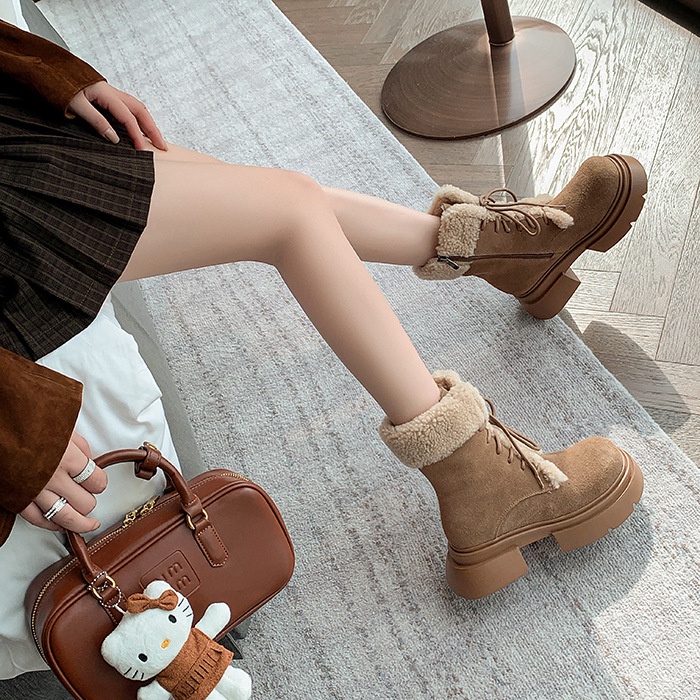 Suding Giày Boot Cao Gót Mũi Tròn Lót Lông Cừu Dày Dặn Thời Trang Thu Đông Phong Cách retro Mới Cho Nữ