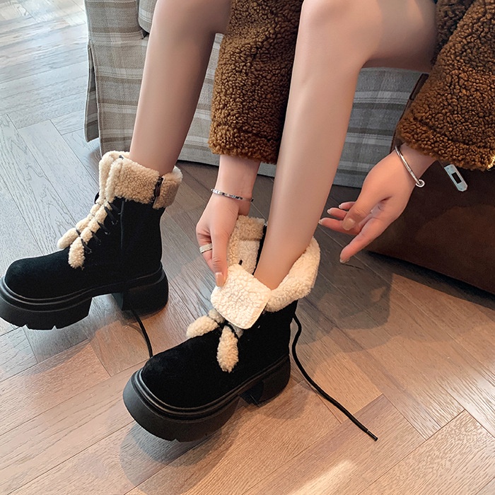 Suding Giày Boot Cao Gót Mũi Tròn Lót Lông Cừu Dày Dặn Thời Trang Thu Đông Phong Cách retro Mới Cho Nữ