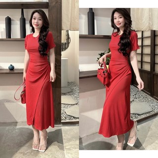 Đầm Thun Tăm Tay Ngắn Cổ Tròn Dáng Dài Đắp Chéo Eo 3 Size M,L,XL (Có dây khóa kéo) Mặc Nhà Giá Rẻ Bigsize Tai Quynh Nhu