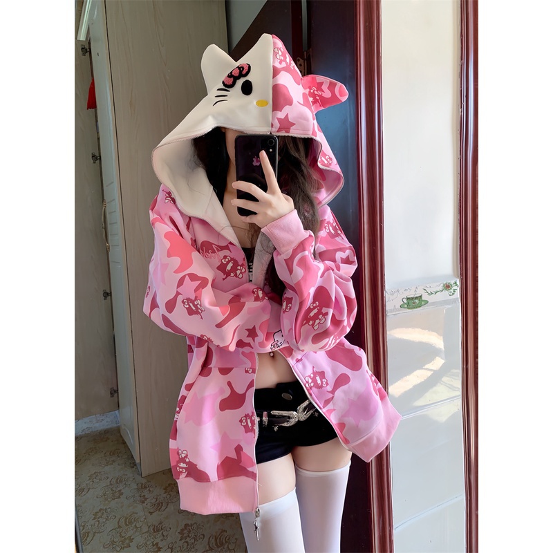 Áo Hoodie Dài Tay Form Rộng In Họa Tiết Hoạt Hình Dễ Thương Dành Cho Nữ