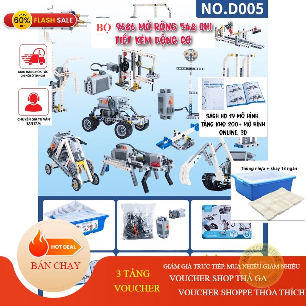 Bộ lắp ráp 9686 mở rộng 548 Chi tiết có thùng nhựa, động cơ, sách hướng dẫn màu, kho 200+ mô hình