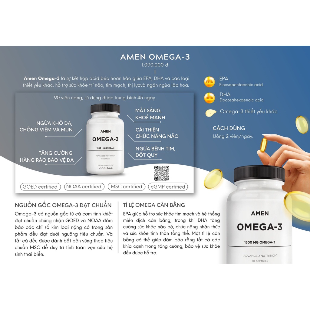 Viên Uống Dầu Cá Omega 3 Codeage Giúp Tăng Cường Sức Khỏe, Đẹp Da Codeage Omega 3 Amen  90 viên