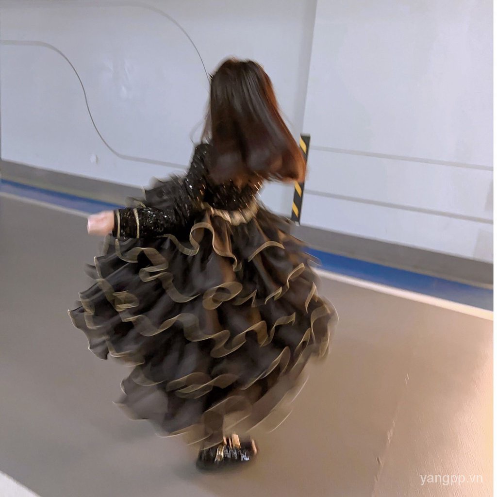 Hàng Mới Về Đầm Công Chúa lolita Tay Dài Đính Kim Sa Màu Vàng Đen Thời Trang Thu Đông Cho Bé Gái mmqs