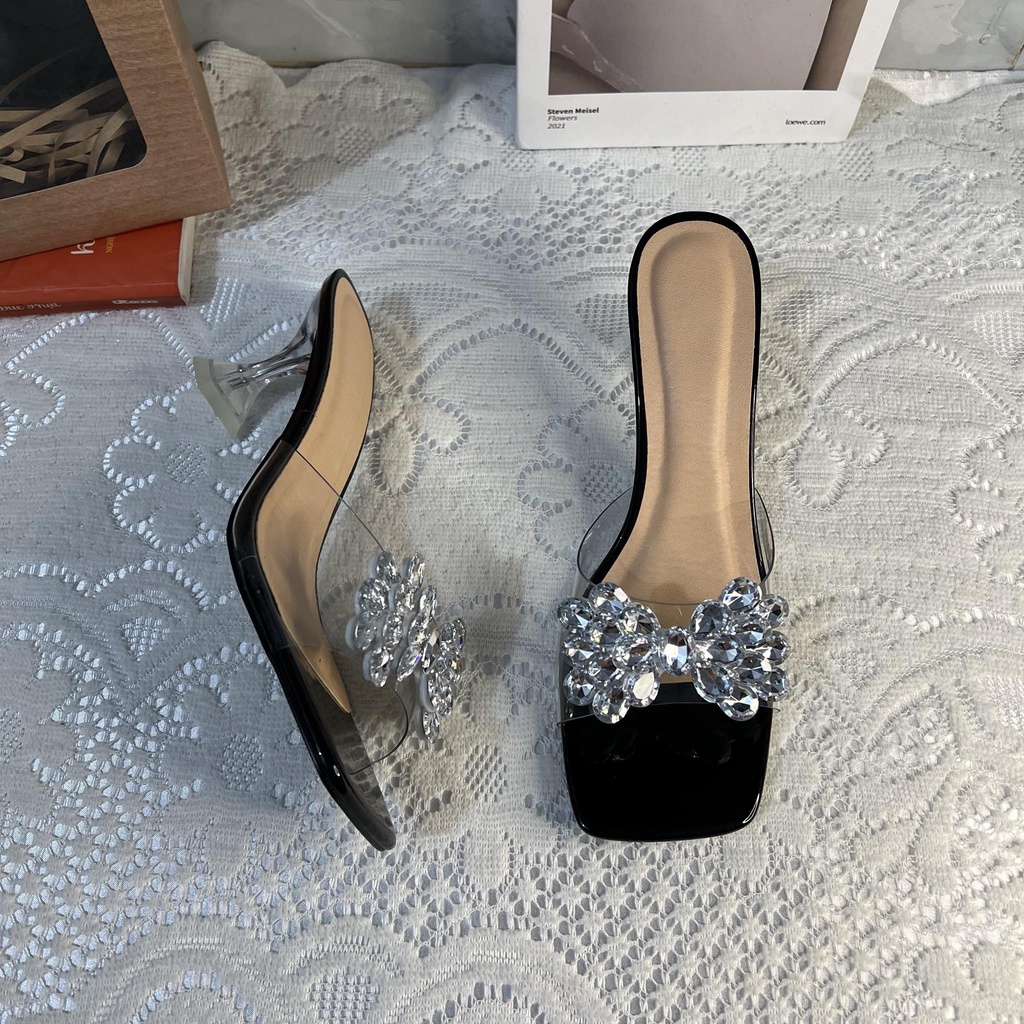 Dép quai trong gót ly bigsize nơ đính đá cao 7 cm size 40-44
