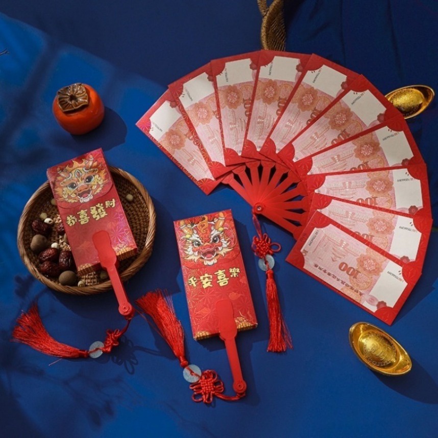 Bao Lì Xì Đỏ Hai Mặt 10 Thẻ angpao Hình Quạt Dày Sáng Tạo Năm Mới 2024