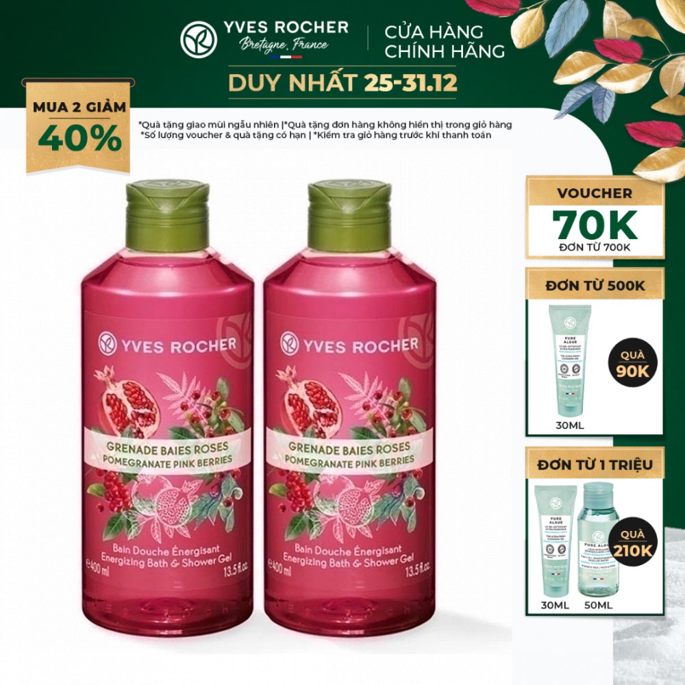 Combo 2 Sữa Tắm Hương Quả Lựu Và Hạt Tiêu Hồng Yves Rocher Pomegranate Pink Berries Relaxing Bath & Shower Gel 400ml