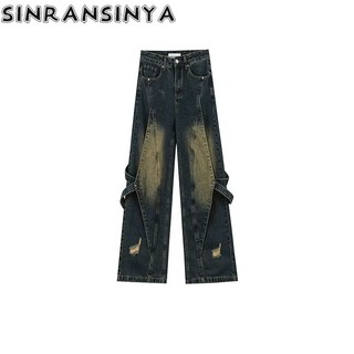 Sinransinya Quần Jean Ống Rộng Lưng Cao Màu gradient Đường Phố Mỹ Cổ Điển Thời Trang Cho Nam