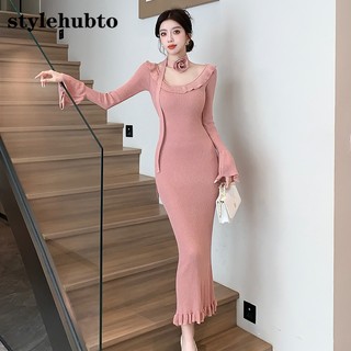 Đầm Đuôi Cá Dệt Kim Tay Dài Cổ Vuông Viền Bèo Phong Cách Thời Trang Mới 6080 # 2023