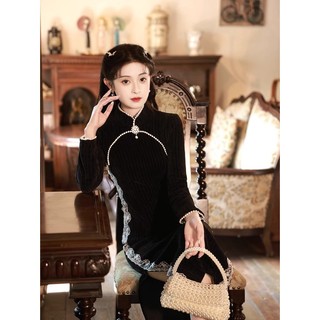Sườn xám cải tiến Phong cách Trung Quốc Màu Đen Đầm cỡ lớn năm mới trang phục hàng ngày mùa đông dài tay Dày Phong cách Trung Quốc trang phục nữ