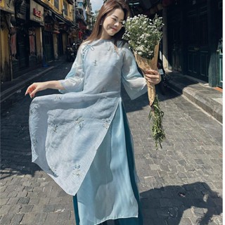 Áo Dài Thu Hải, tơ thêu cao cấp, bốn tà, tay xuông rộng