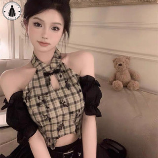 Hormoo Retro kẻ sọc áo sơ mi ngắn tay dành cho nữ đứng cổ dây cổ rỗng áo ngắn