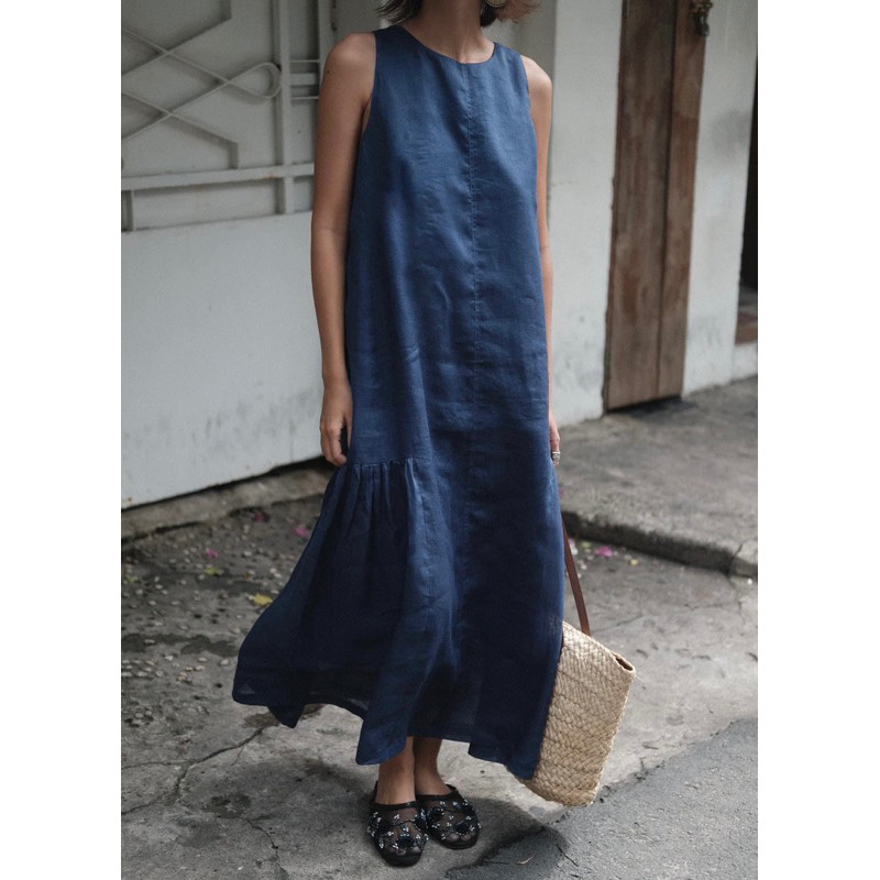 Pt linen đầm linen tưng khách đặt màu xanh navy dài 120cm - mã hm0