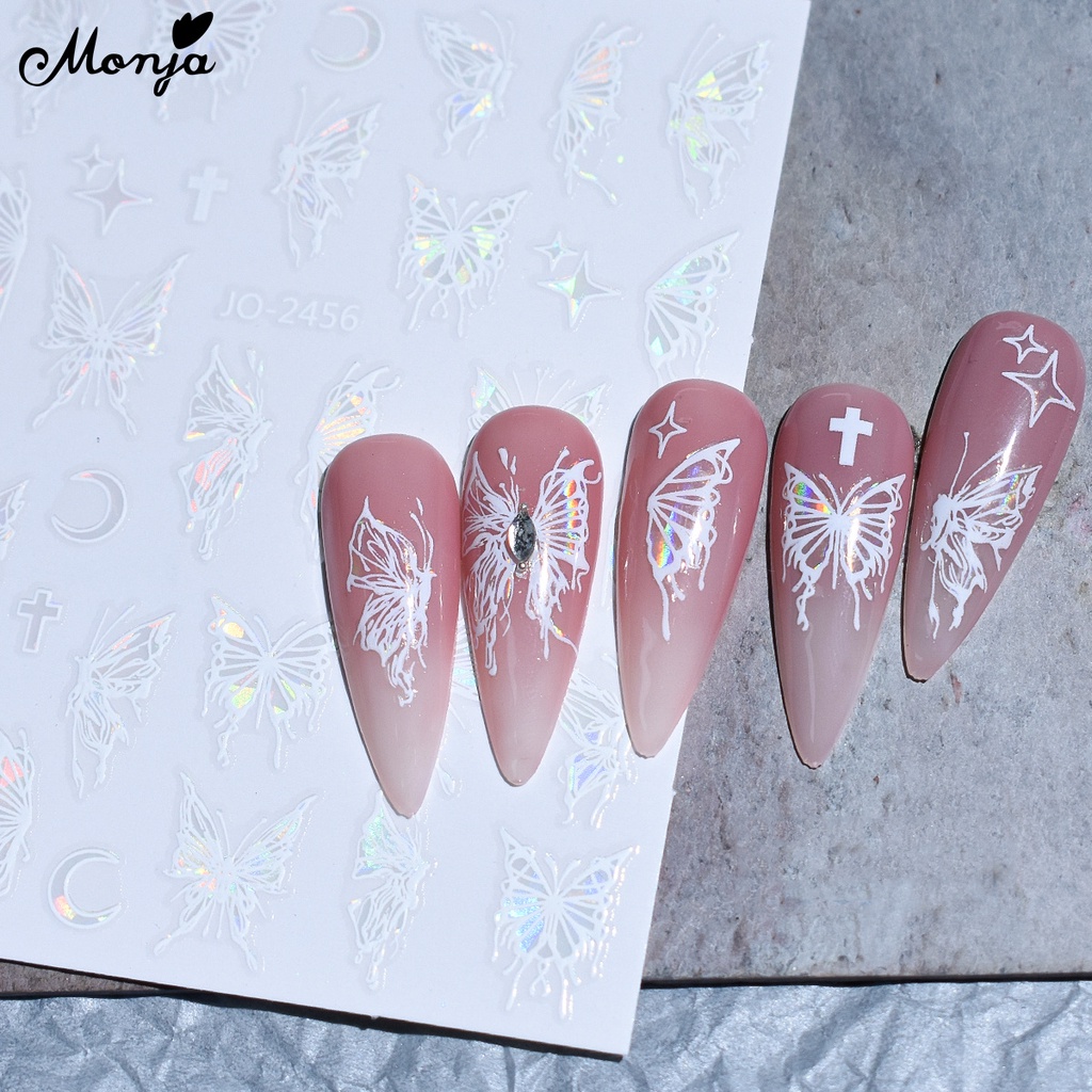 Monja Miếng Dán Trang Trí Móng Tay Hình Bướm 3d Màu Trắng Đen