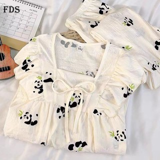 Mới Bộ Đồ Ngủ Tay Dài Dáng Rộng In Họa Tiết Gấu Trúc Phong Cách Hàn Quốc Thời Trang Xuân Thu Cho Nữ