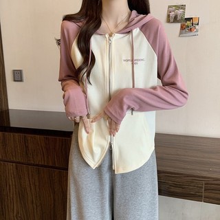 Cozok áo thun tay dài dáng rộng phối màu tương phản hai khóa kéo thời trang