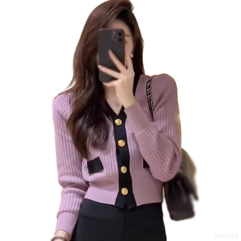 Áo Khoác cardigan Dệt Kim Cổ Chữ v Màu Sắc Tương Phản Thời Trang Thu Đông