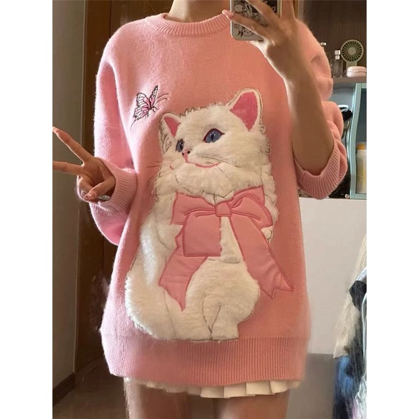 Áo sweater Dày Dặn Ấm Áp Thời Trang Áo Thun Tay Ngắn In Hình Mèo Dễ Thương