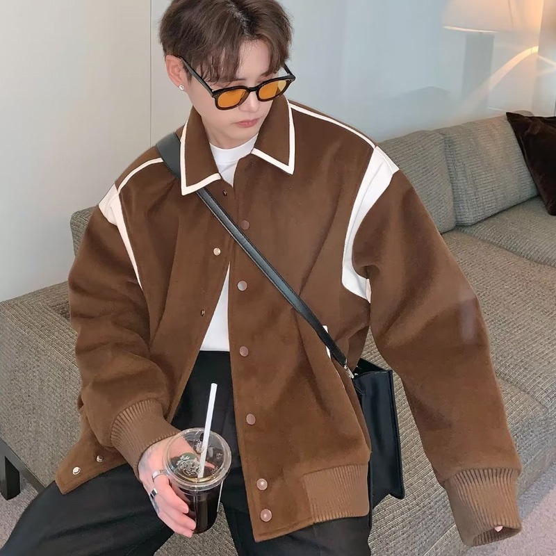 Áo khoác len SINRANSINYA phối màu tương phản phong cách hip hop đường phố Mỹ thời trang cao cấp cho nam