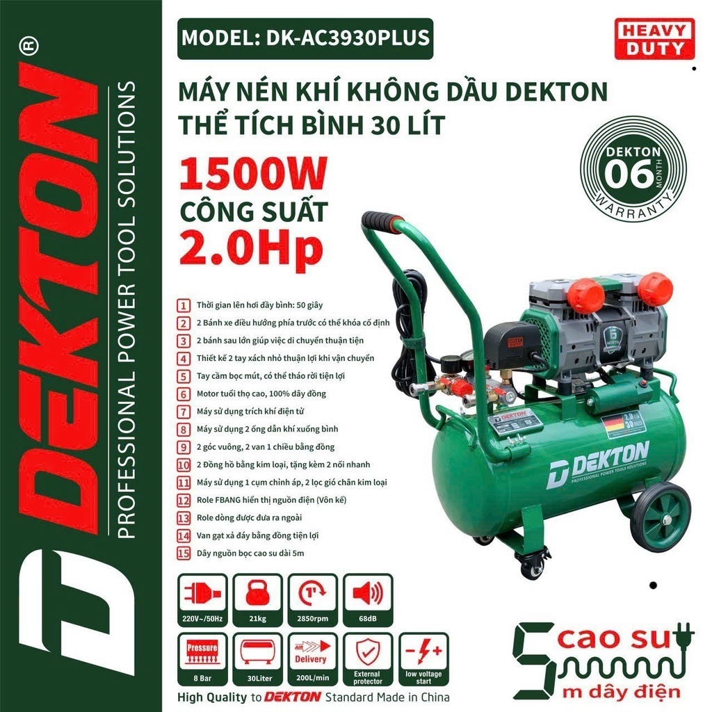 Máy Nén Khí Không Dầu Dekton DK-AC3930PLUS / 2HP/1500W/ Bình 30L /Lưu Lượng 200L/Phút ĐL ...