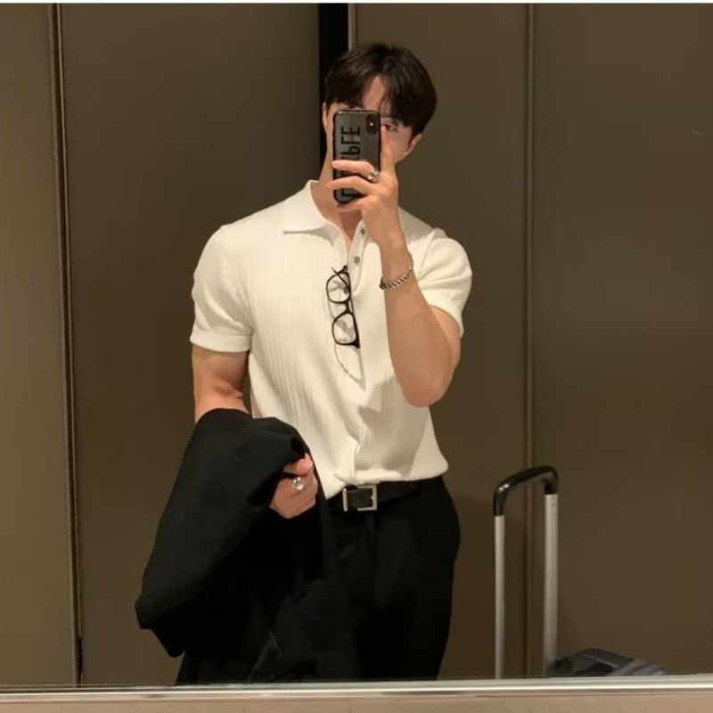Áo Thun polo Dệt Kim Tay Ngắn Dáng Rộng Màu Sắc Đơn Giản Phong Cách hong kong Thời Trang Mùa Hè Cho Nam