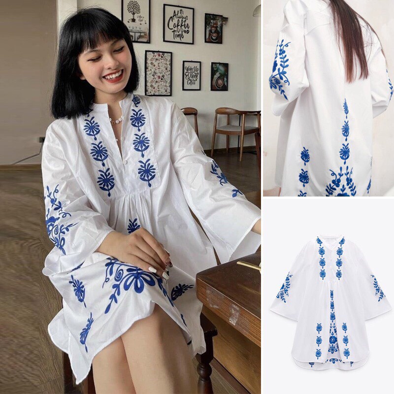 Đầm Thêu Hoa Xanh ZR