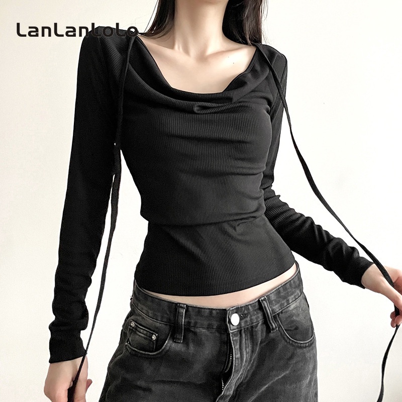Lanlanlolo Áo Tay Dài Cổ Chữ v Màu Trơn Dáng Ôm Thời Trang 2023 Dành Cho Nữ