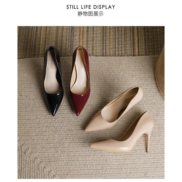 Giày Cao Gót 6-8cm Mũi Nhọn Chất Liệu Da Bóng Phong Cách Quyến Rũ