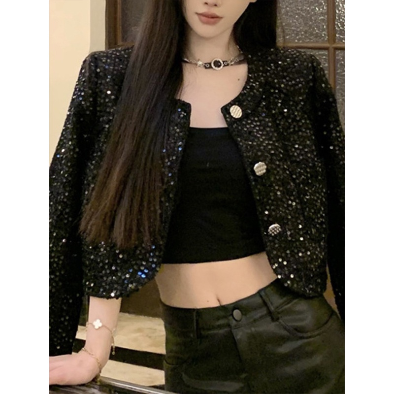 Áo Khoác Dáng Ngắn Đính Kim Sa Lấp Lánh Sang Trọng Cho Nữ