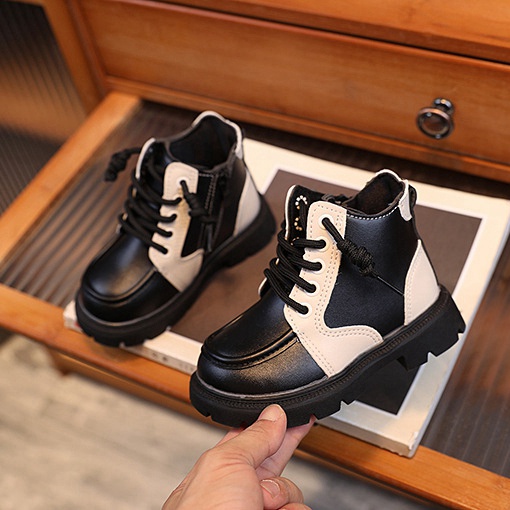 Giày Bốt Da Mềm Màu Đen Cá Tính Cho Bé Trai