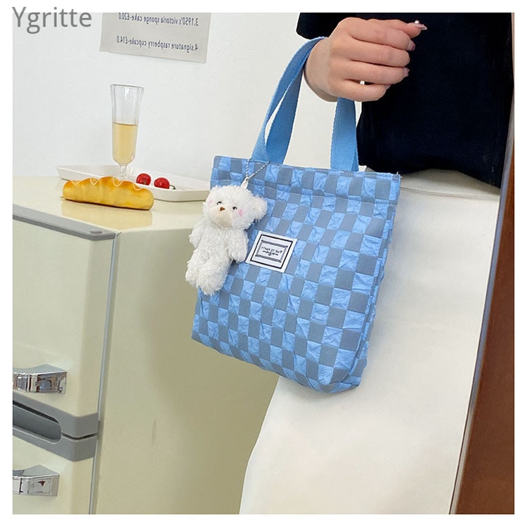 Túi Vải oxford Đựng Bình Nước Xách Tay / Sách Vở Cỡ Nhỏ Họa Tiết Sọc Caro Thời Trang Cho Nữ