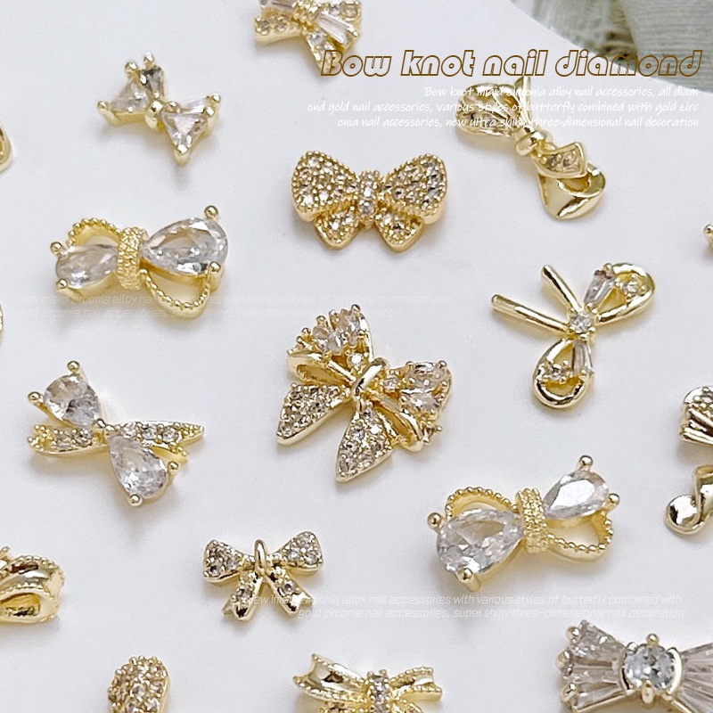 Trang sức nghệ thuật móng tay nơ vàng mạ zircon / Dây buộc kim cương gắn móng tay bằng kim loại không phai màu