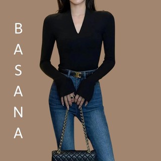 BASANA áo thun cổ chữ V tay dài thời trang thu đông chất liệu co giãn cao cấp A221029LD