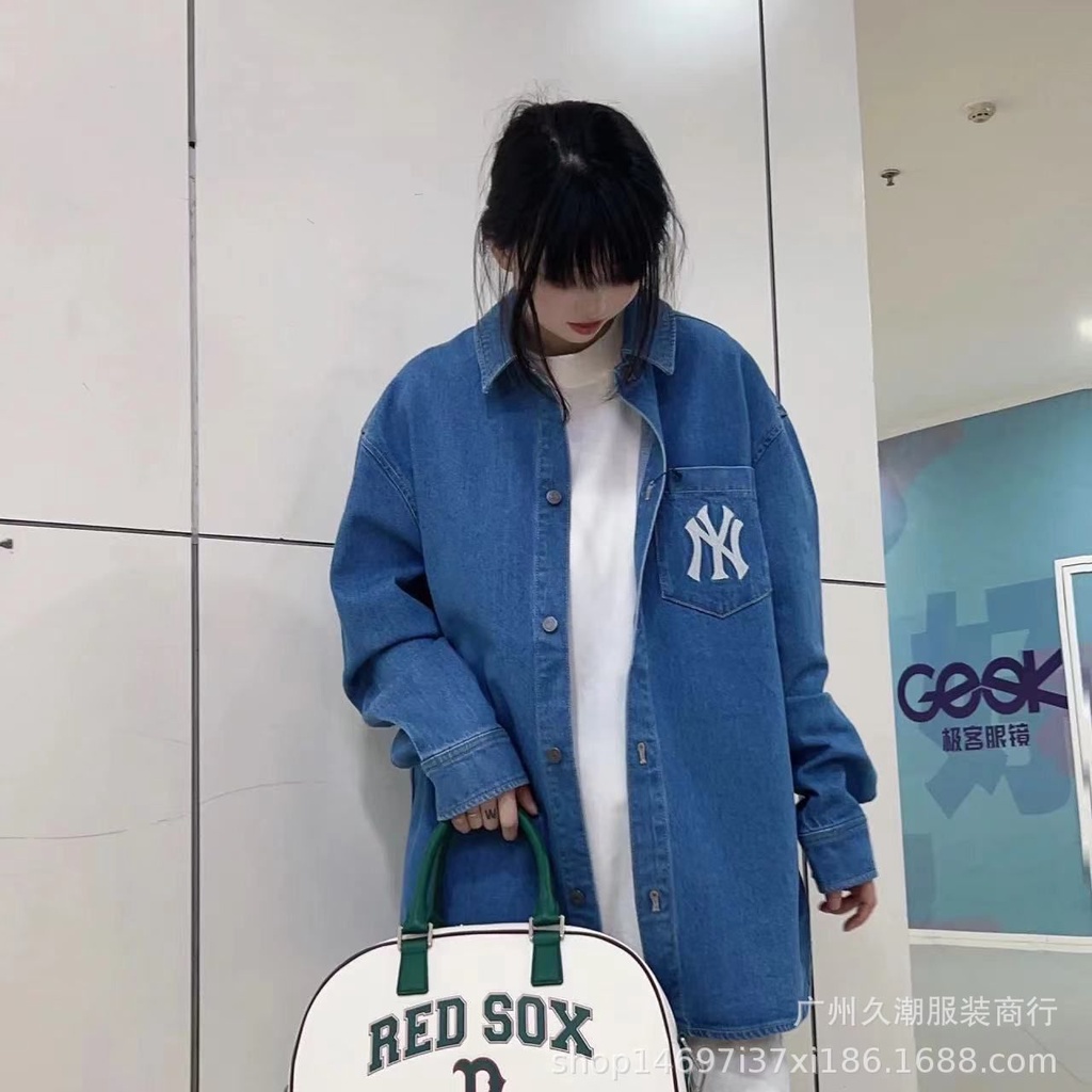 Áo Khoác denim Thêu logo mlb Mùa Thu Phong Cách Mới Cho Cặp Đôi