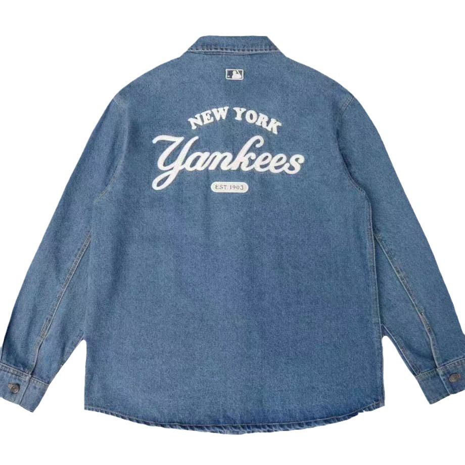 Áo Khoác denim Thêu logo mlb Mùa Thu Phong Cách Mới Cho Cặp Đôi