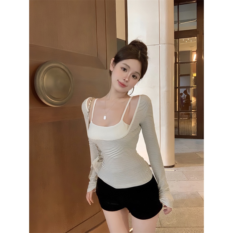 Liasynn set Áo Thun Tay Dài Có Mút Đệm Ngực Và Áo Hai Dây Kẻ Sọc Ngang Ngọt Ngào Thời Trang Thu Đông