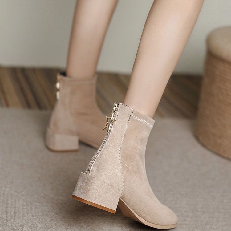 Giày Bốt martin Da Lộn Gót Dày Thoáng Khí Phối Khóa Kéo Sau Phong Cách Anh Quốc Thời Trang Thu Đông 2023