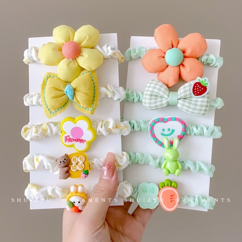 Set 5 Dây Cột Tóc Đính Hoa Hoạt Hình Nhiều Màu Sắc Ngọt Ngào Cho Bé Gái
